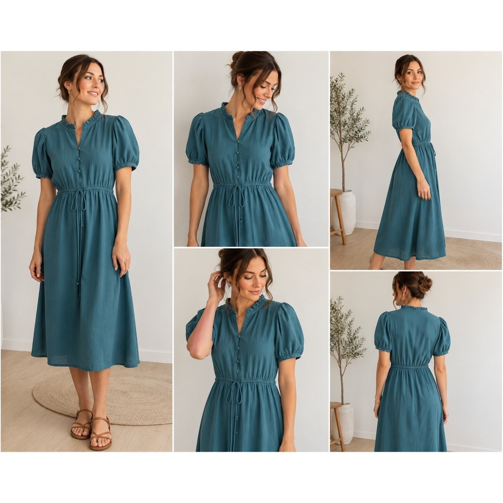 Cottagecore Prairie Puff Sleeve Cotton Midi Dress Teal Blue XS A New Day